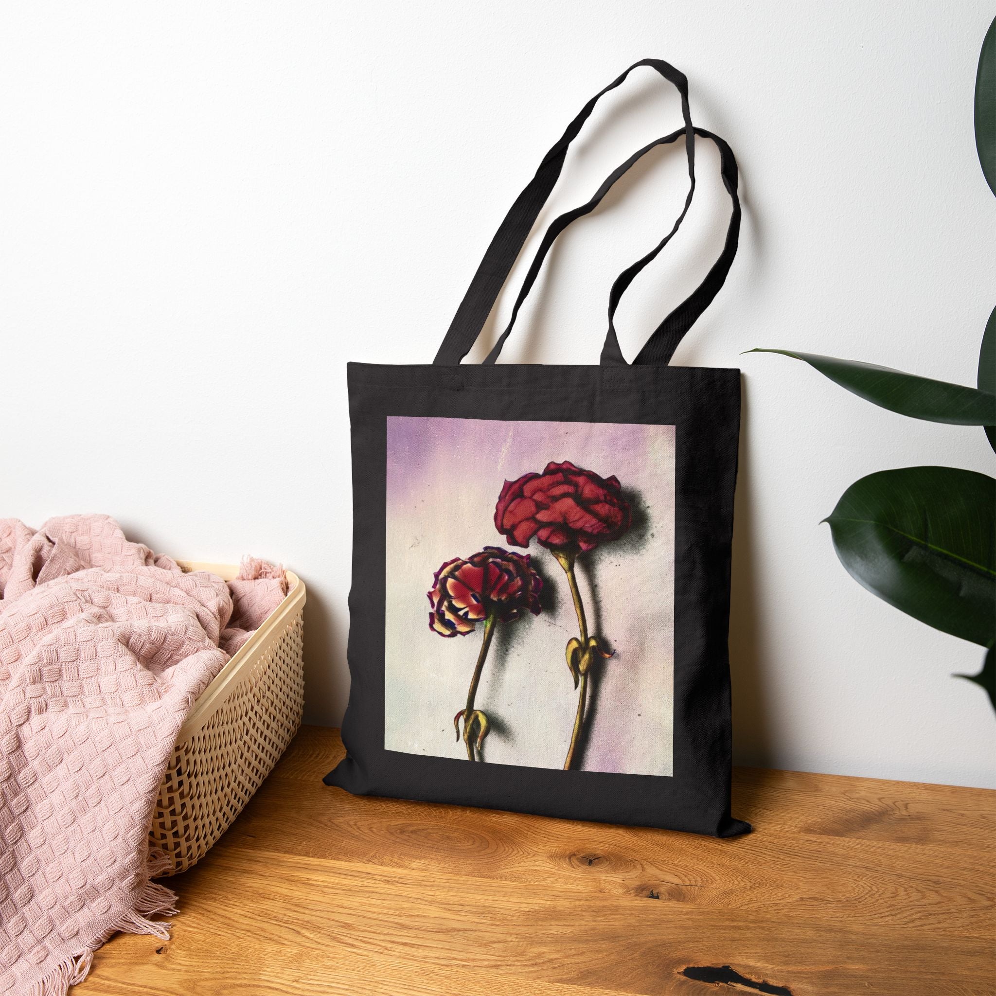 "We Bloom" Canvas Tote Bag — Vintage Red Carnations Art Print