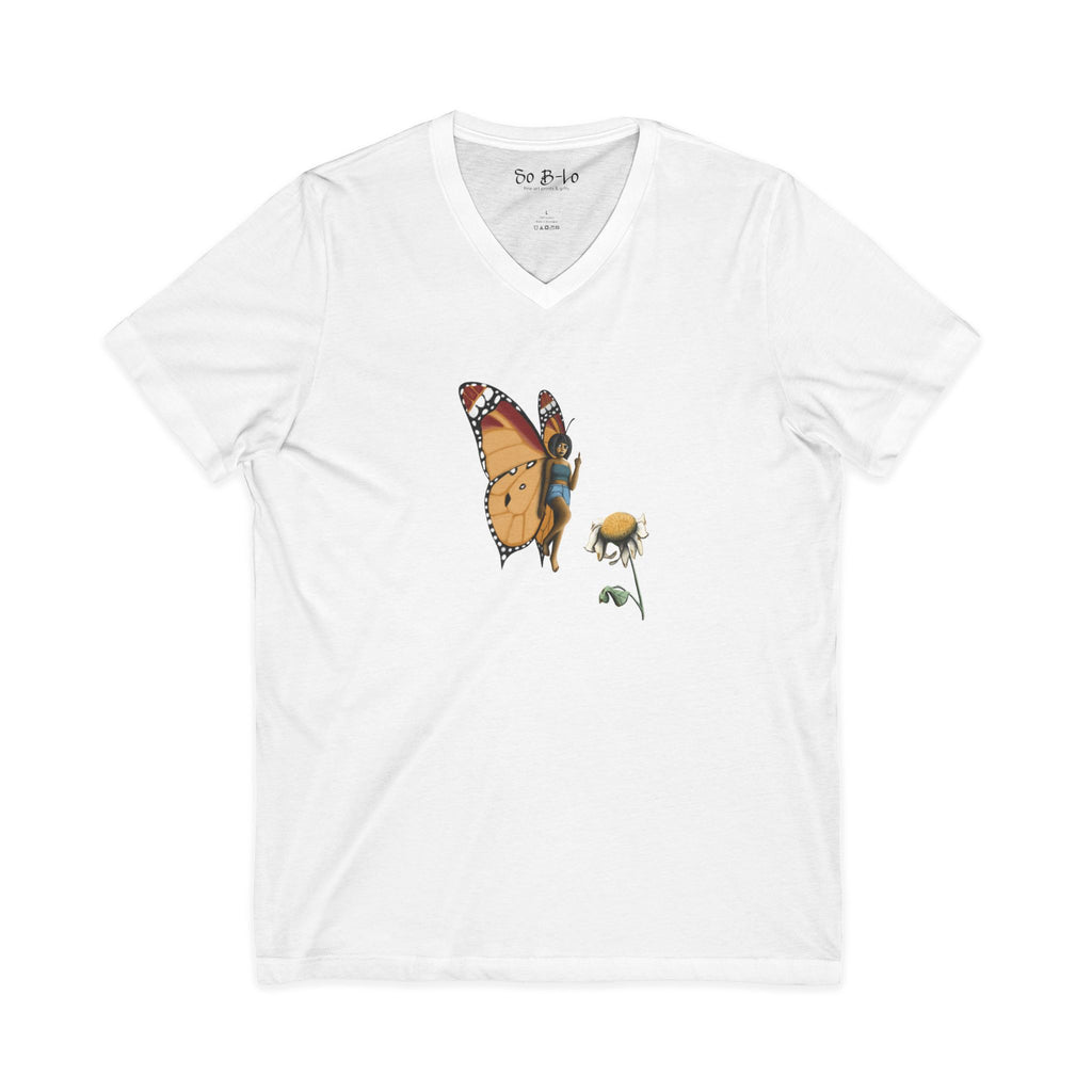 "Beautiful Menace" Butterfly Fairy V-Neck Tee — Monarch Pixie & Wildflower Graphic Shirt