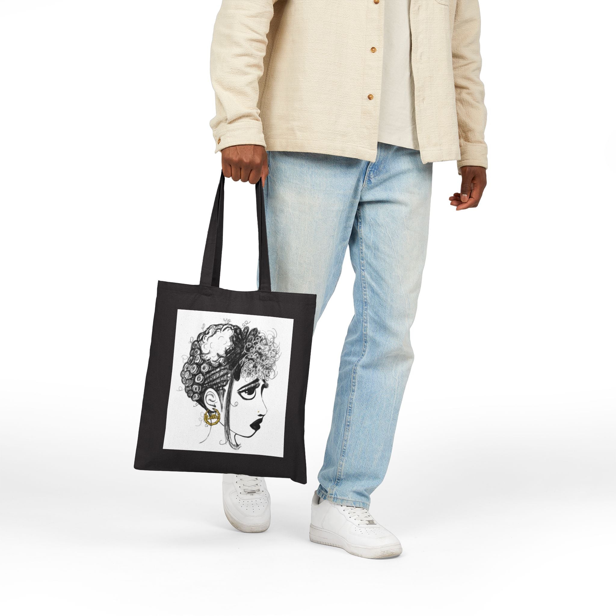"High Maintenance" Canvas Tote — Monochrome Portrait Illustration Tote Bag