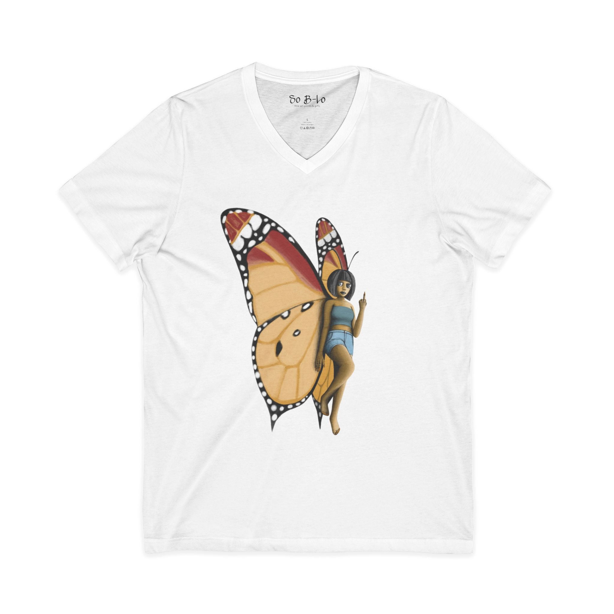 "Beautiful Menace" Butterfly Fairy V-Neck Tee — Monarch Pixie & Wildflower Graphic Shirt