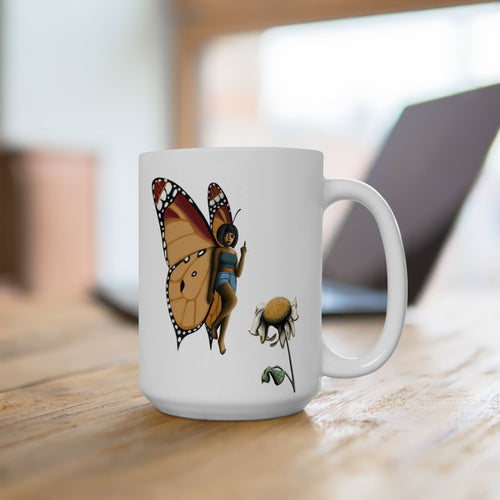 "Beautiful Menace" Butterfly & Daisy Ceramic Mug — Monarch Butterfly Floral Coffee Cup (11oz/15oz)