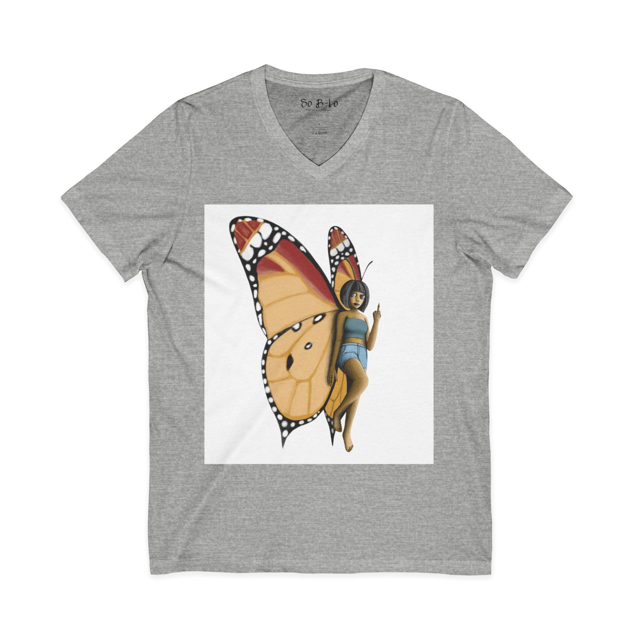 "Beautiful Menace" Butterfly Fairy V-Neck Tee — Monarch Pixie & Wildflower Graphic Shirt