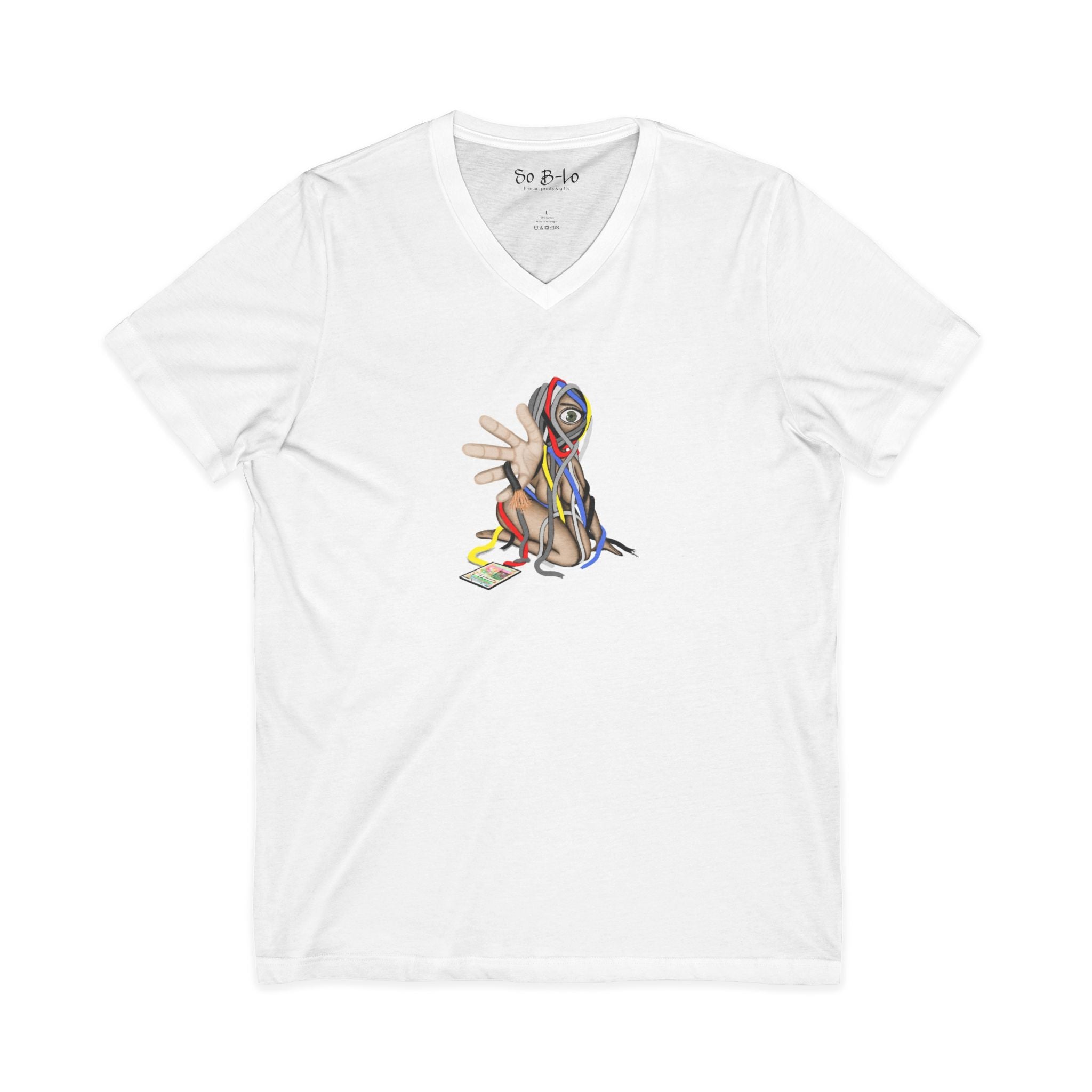 "Wired Tangles"Surreal V-Neck Tee — Colorful Cables Art Graphic Shirt