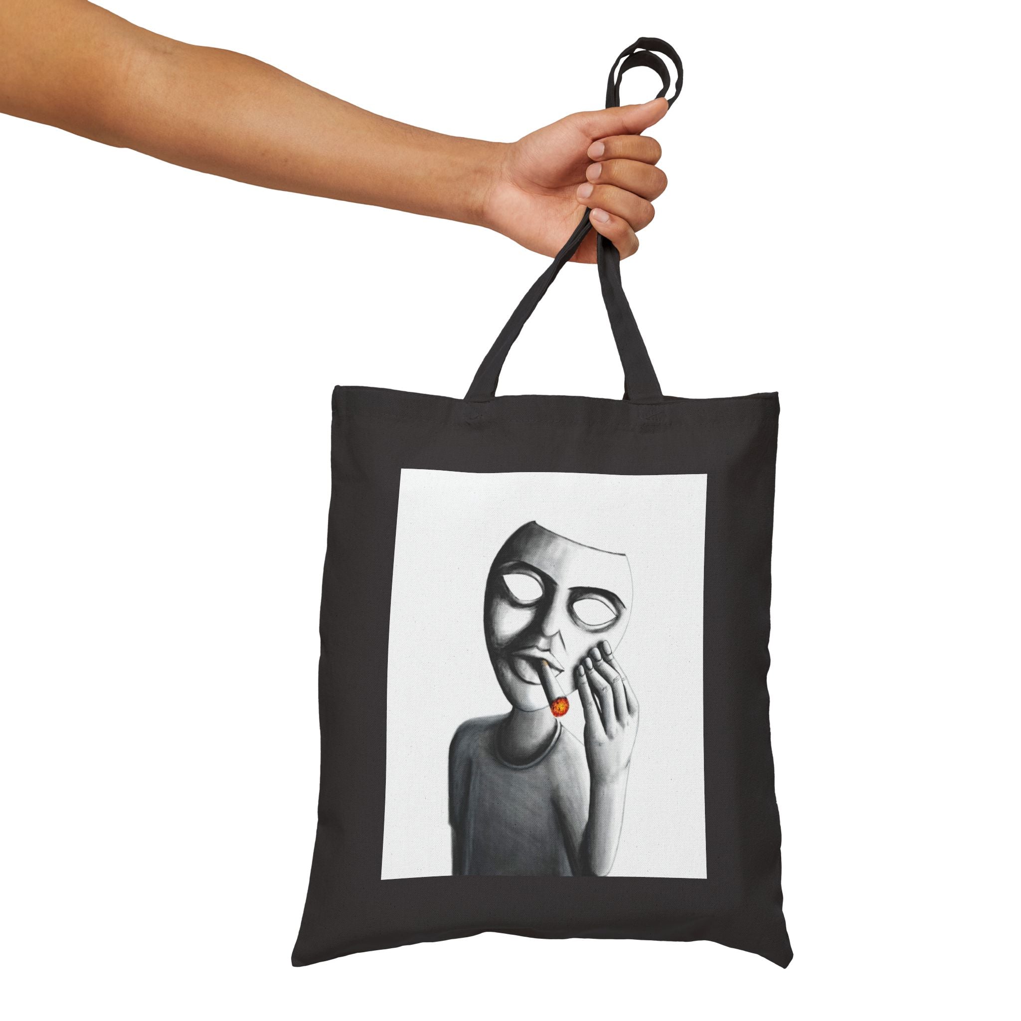 "Show Off" Canvas Tote Bag — Surreal Masked Figure Art Tote (Smoking)