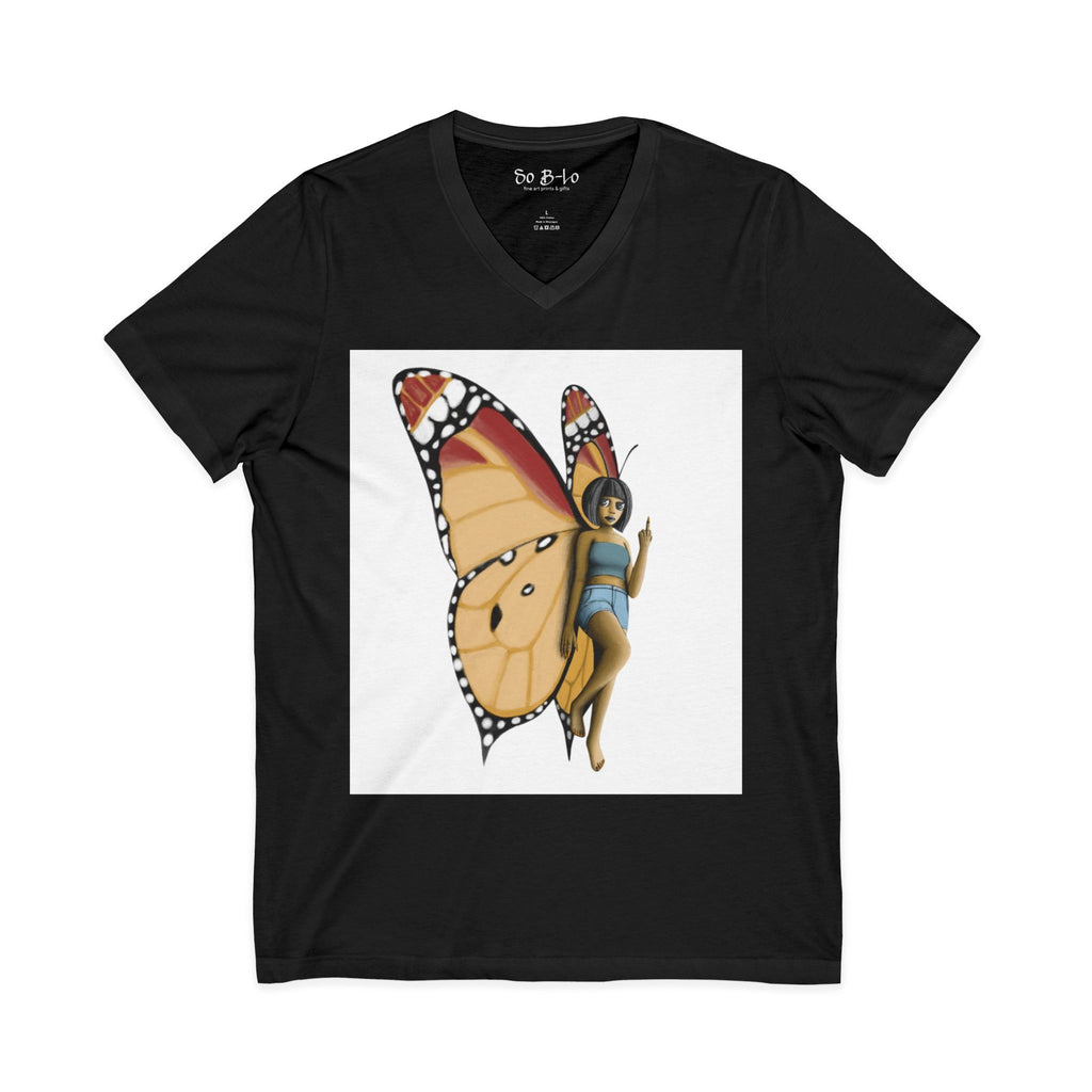 "Beautiful Menace" Butterfly Fairy V-Neck Tee — Monarch Pixie & Wildflower Graphic Shirt