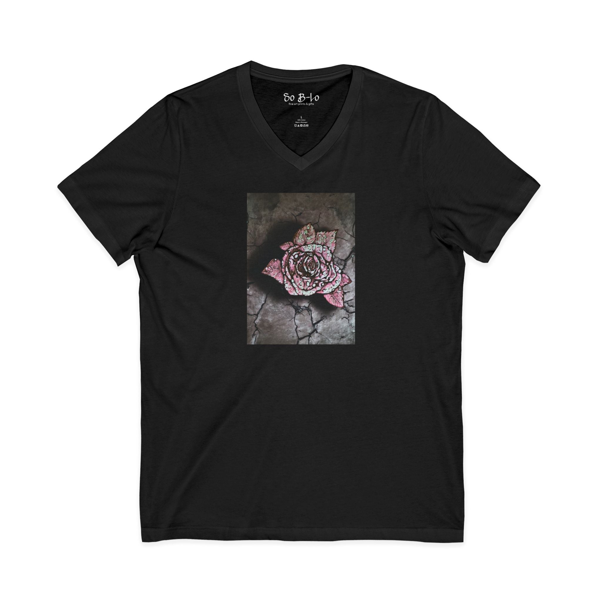 "From the Concrete" V-Neck Tee — Distressed Pink Rose on Cracked Stone Graphic