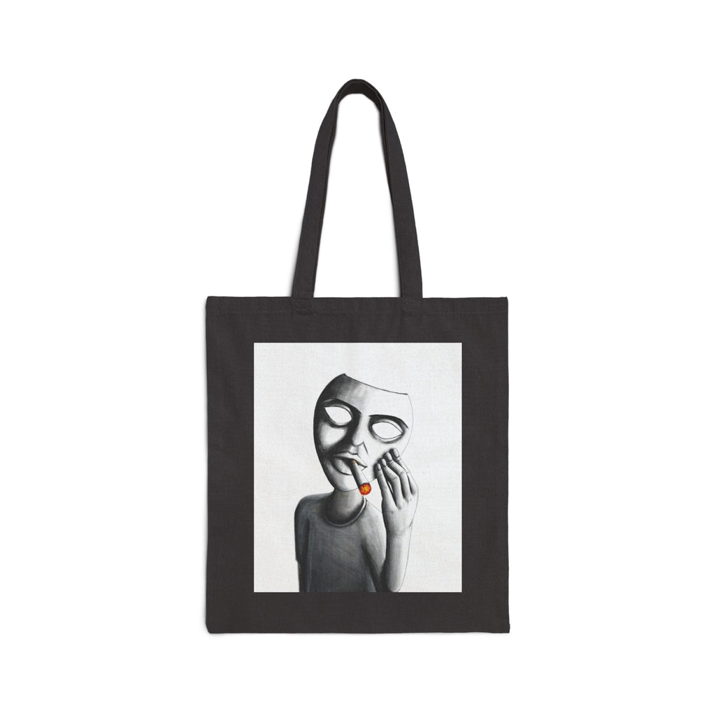 "Show Off" Canvas Tote Bag — Surreal Masked Figure Art Tote (Smoking)