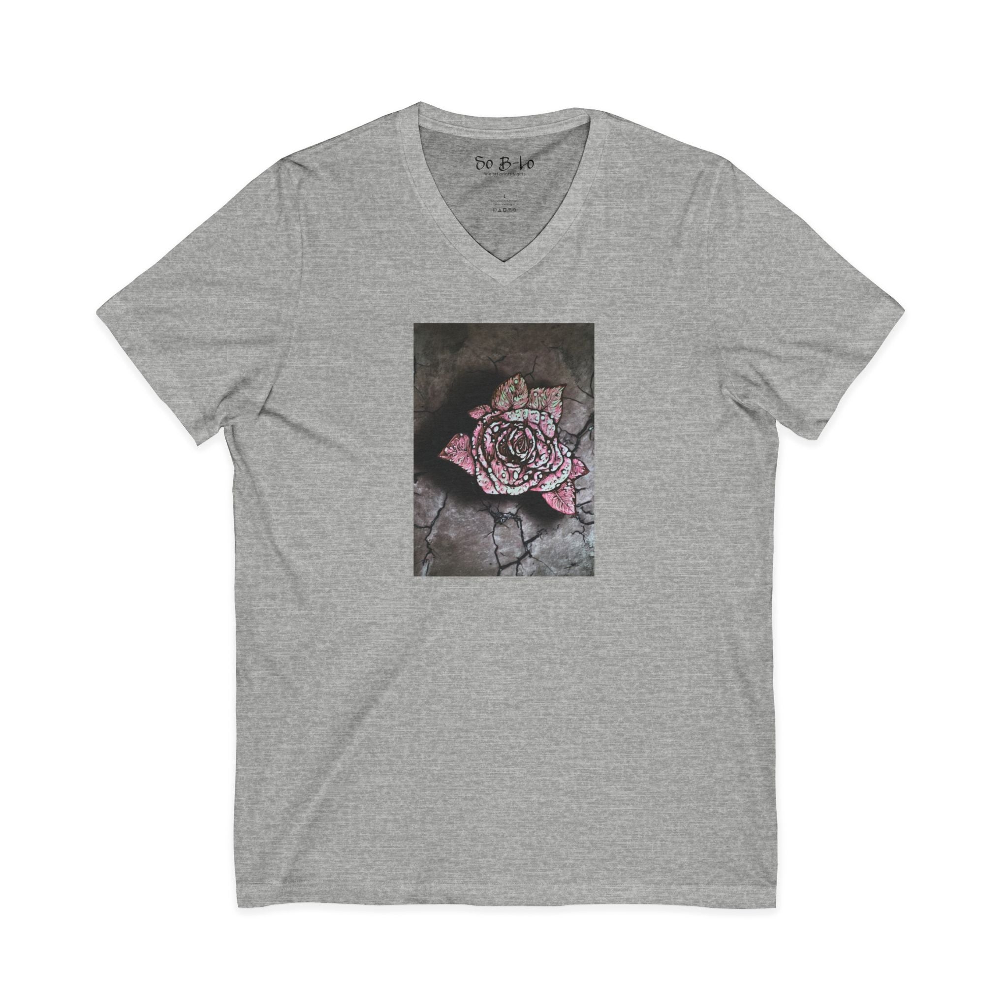 "From the Concrete" V-Neck Tee — Distressed Pink Rose on Cracked Stone Graphic