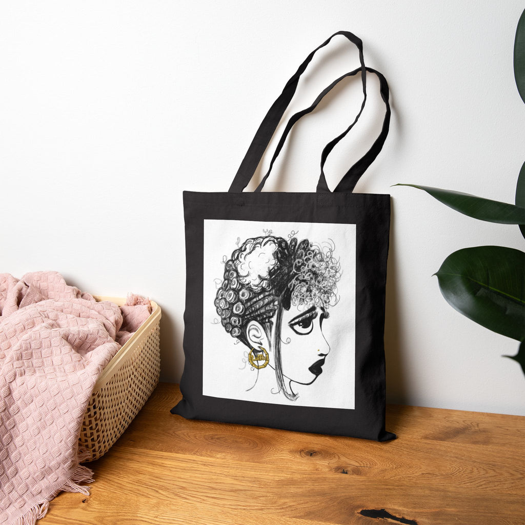 "High Maintenance" Canvas Tote — Monochrome Portrait Illustration Tote Bag