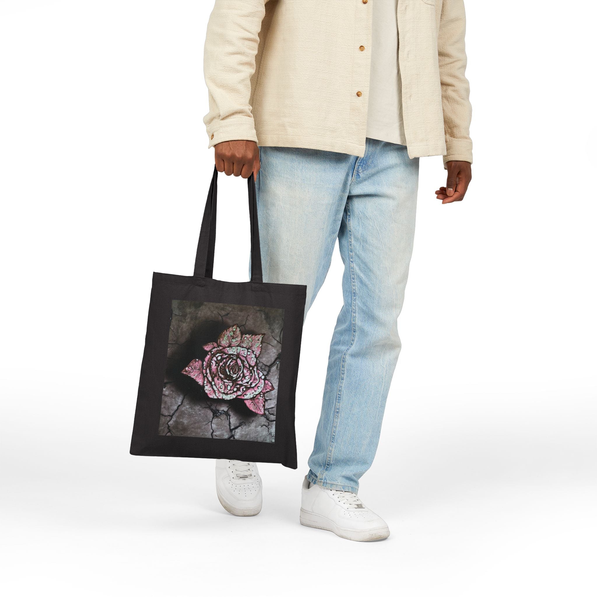 Cracked Concrete Rose Tote Bag — Vintage Pink Floral Canvas Tote