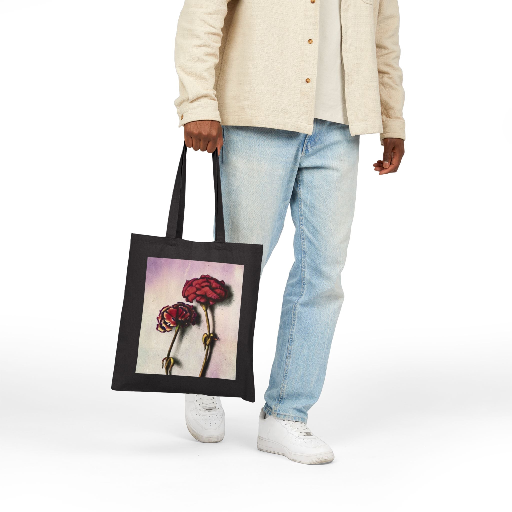 "We Bloom" Canvas Tote Bag — Vintage Red Carnations Art Print