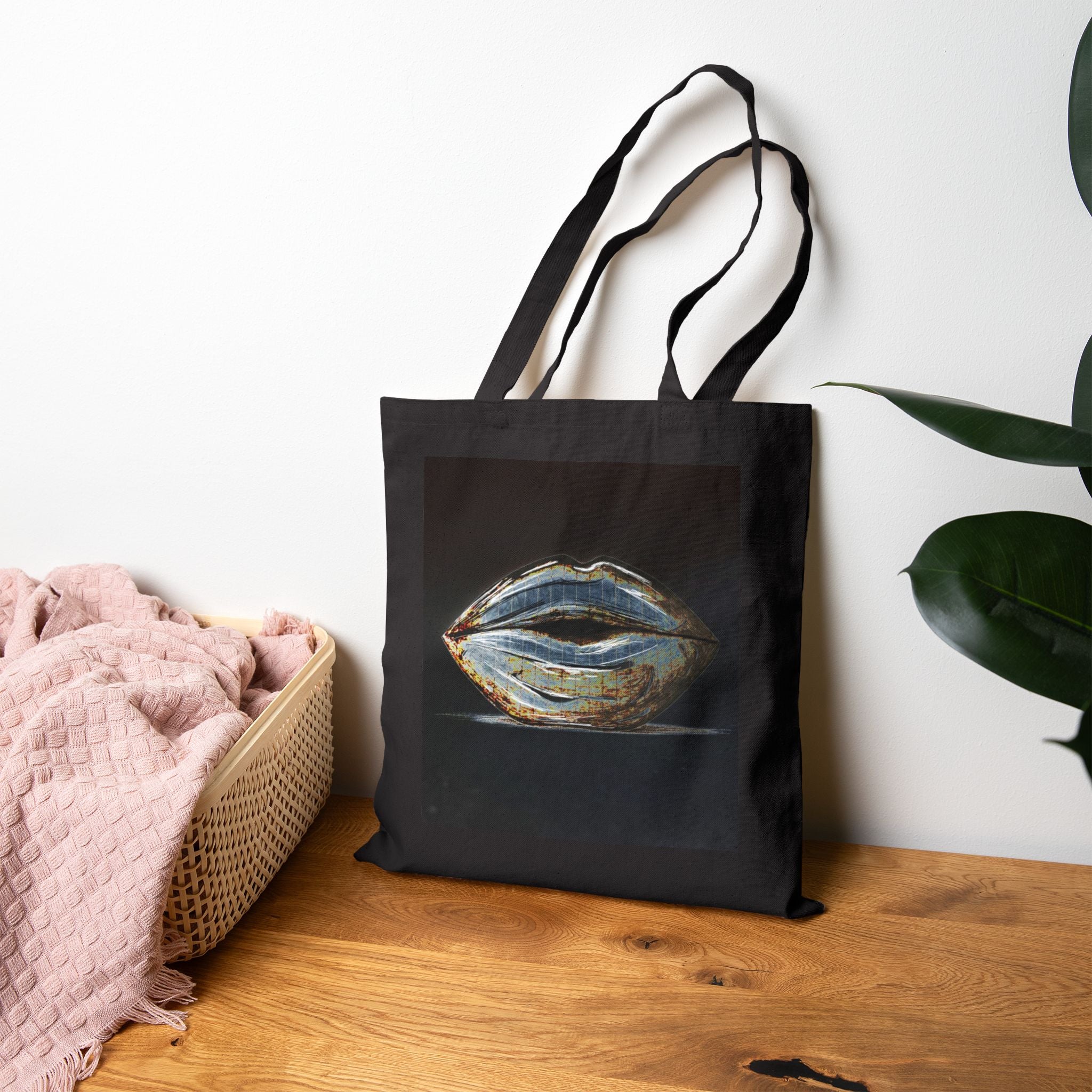 "Patina" Canvas Tote Bag — Metallic Lips Print Market Tote