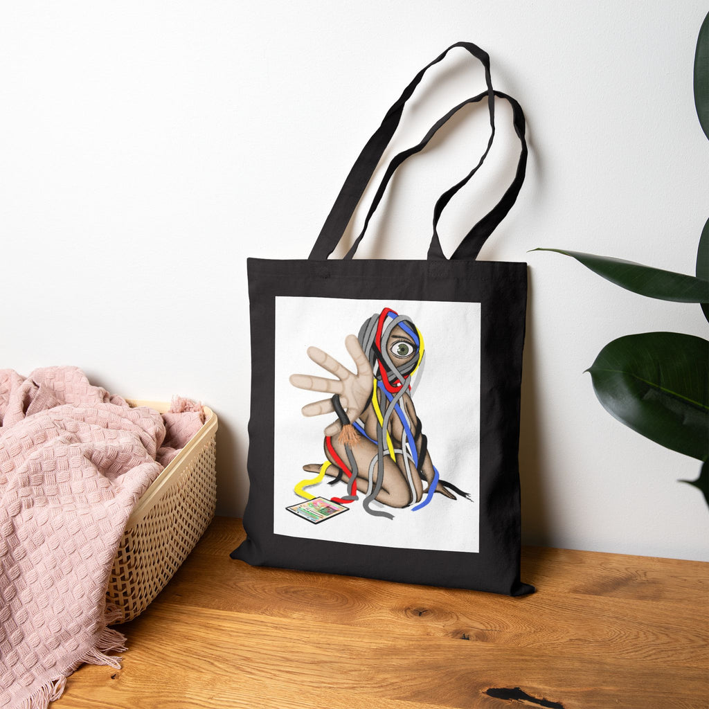 "Wired Tangles" Abstract Figure Tote Bag — Surreal Art Cotton Canvas Tote