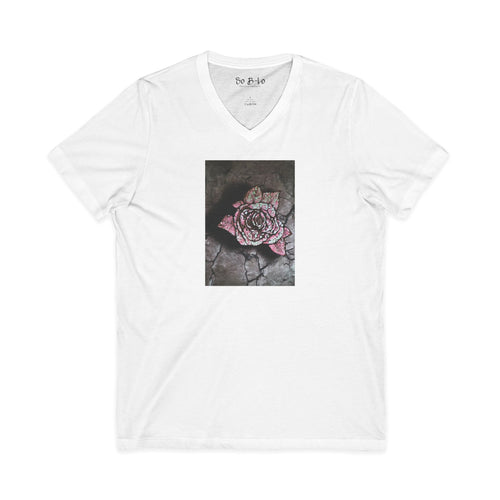 "From the Concrete" V-Neck Tee — Distressed Pink Rose on Cracked Stone Graphic