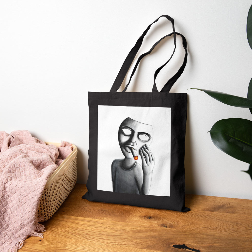 "Show Off" Canvas Tote Bag — Surreal Masked Figure Art Tote (Smoking)