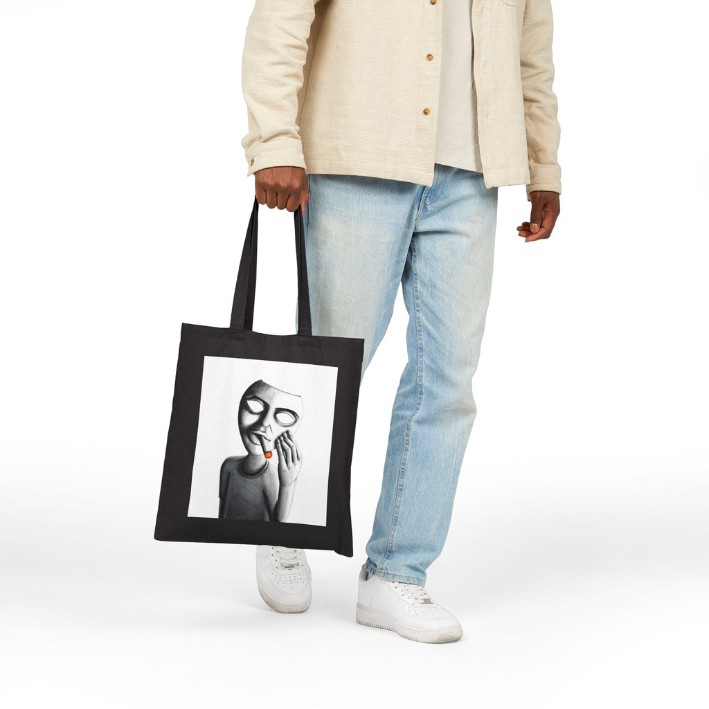 "Show Off" Canvas Tote Bag — Surreal Masked Figure Art Tote (Smoking)