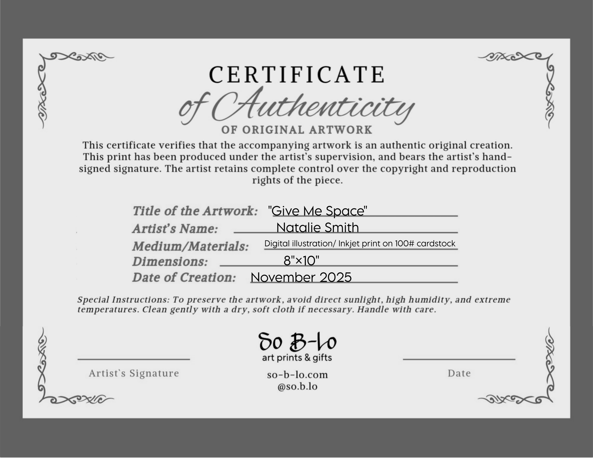 8×10 Certified Open Edition Fine Art Print- "Give Me Space"