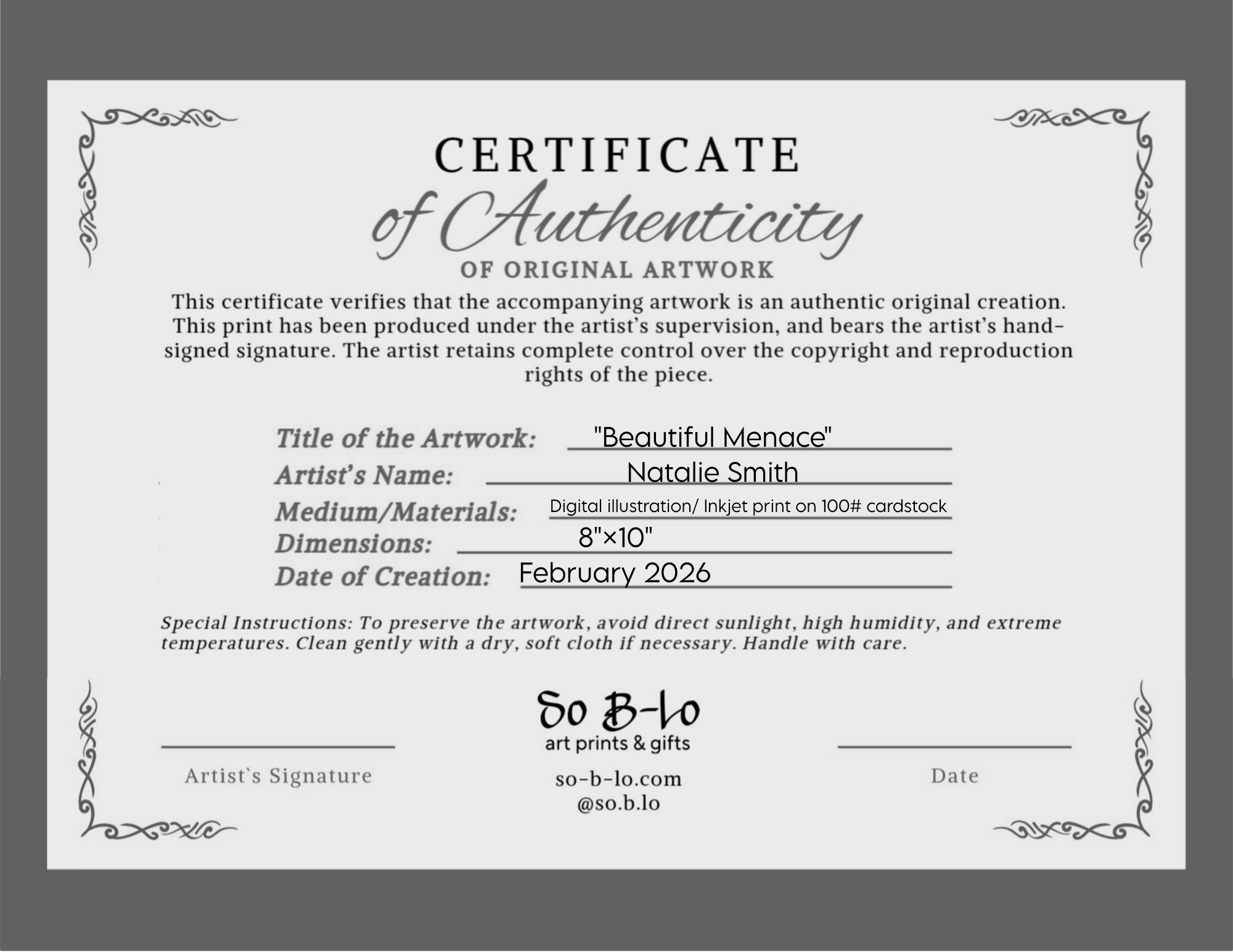 8×10 Certified Open Edition Fine Art Print- "Beautiful Menace"